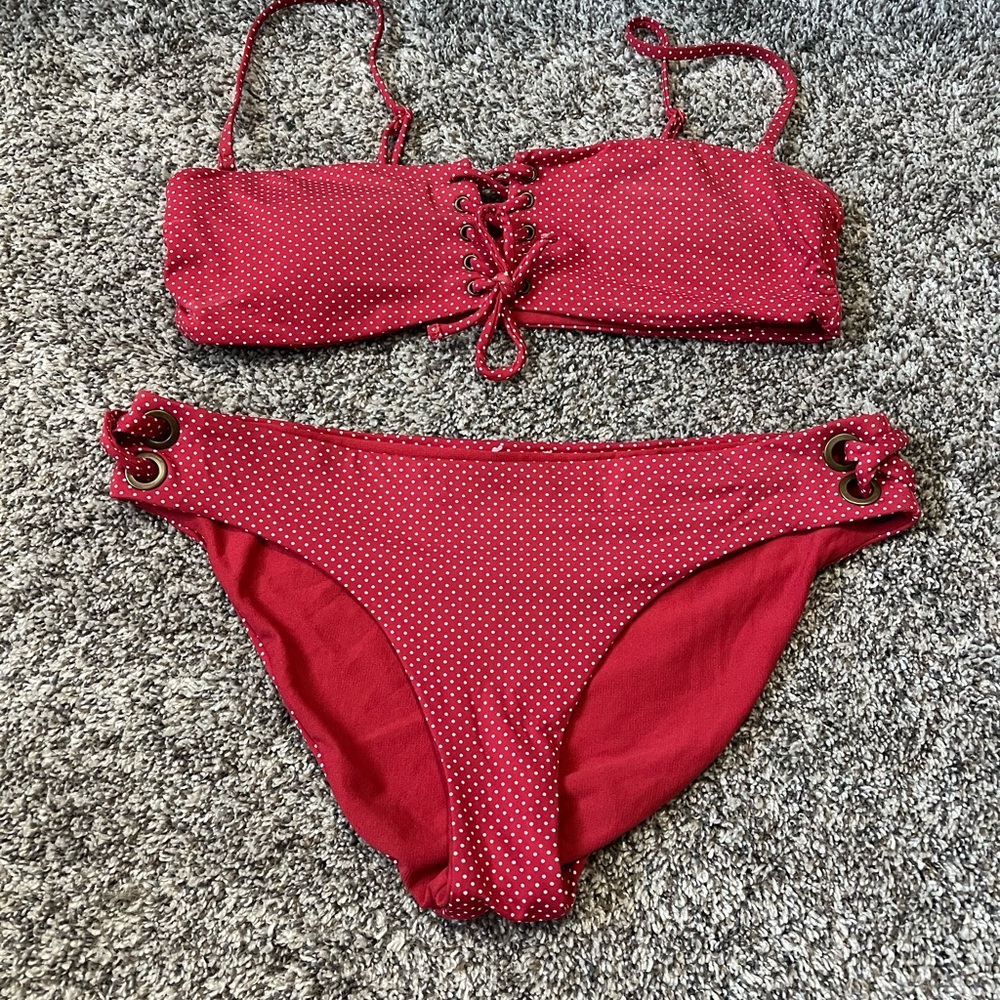 Roxy Red Polka Dot Lace-Up Bandeau Swimsuit Set